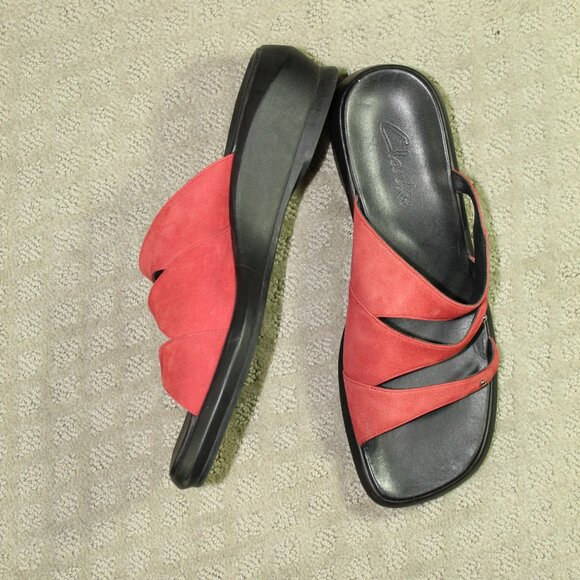Clarks Women's Size 9 Slide On Dark Salmon Nubuck Leather Sandals - Picture 1 of 6